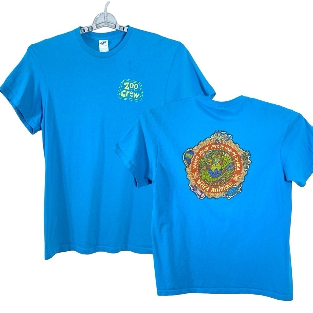 Vintage Zoo Crew Jesusโ Love Tee Weird Animals Distressed Graphic Blue Size L